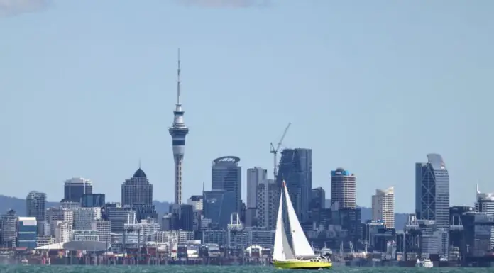 Парусная яхта на фоне небоскрёбов Окленда и башни Sky Tower